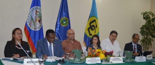 (From left to right) Beverly Wade, Master of Ceremonies, Fisheries Administrator, Belize; Hon. Eugene Hamilton, Chair of the CRFM Ministerial Council and Minister Responsible for Fisheries in Saint Kitts and Nevis; Hon. Dr. Omar Figueroa, Belize&rsquo;s Minister of State with responsibility for Fisheries; Norma Lobo, General Director for the Development of Fisheries and Aquaculture, El Salvador; Reinaldo Morales Rodr&iacute;guez, Director Regional de OSPESCA; and Milton Haughton, Executive Director of the CRFM Secretariat